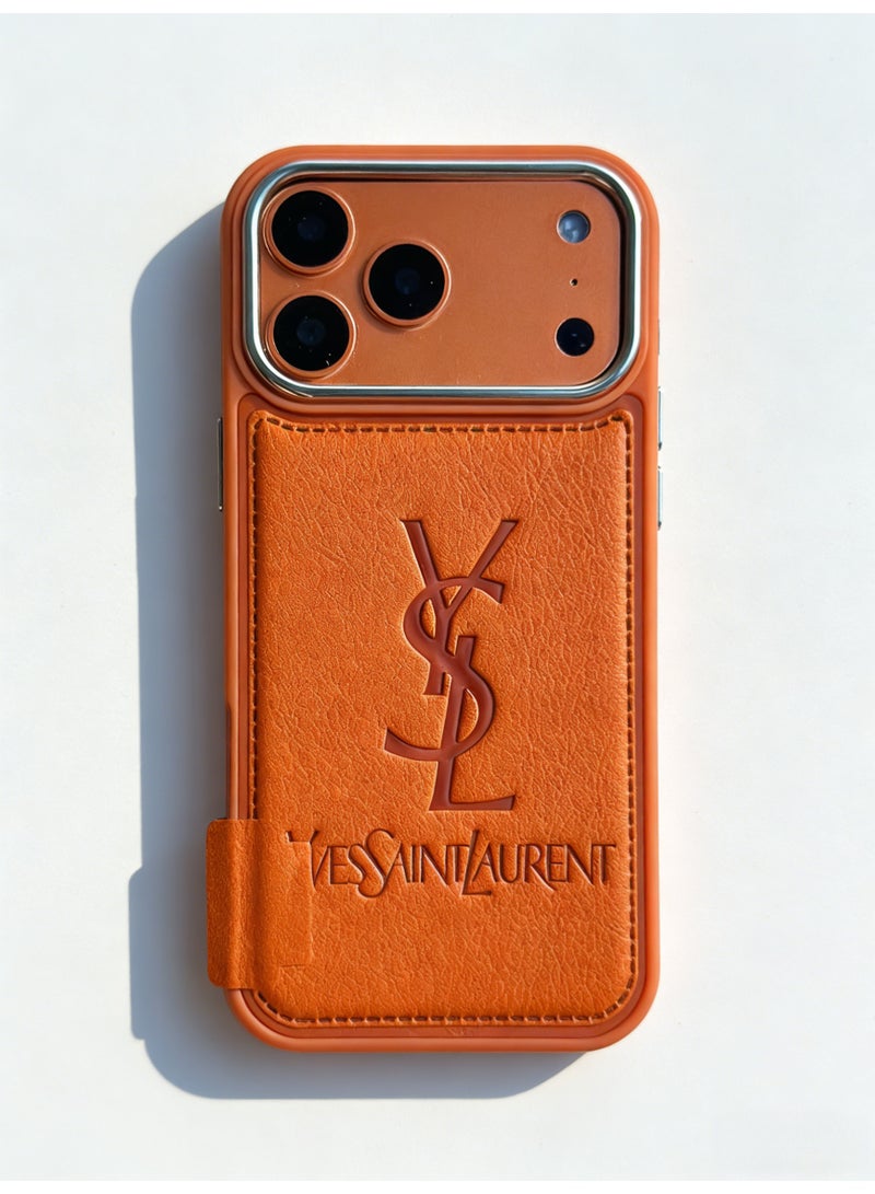 Saint Laurent YSL Orange Leather Protective Case with Card Slot for iPhone 16-17 Pro Max - Image 4